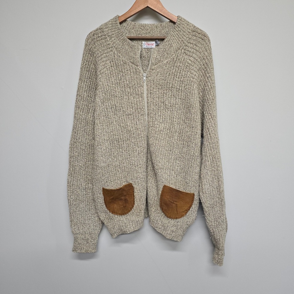 Orvis Full Zip Wool Blend Sweater Mens Large Tan Marled Leather Patches USA Made